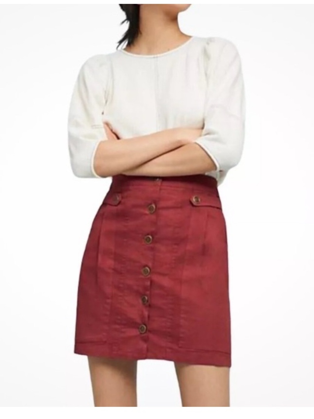 Anthropologie Amadi Button Front Utility Rust Mini Skirt Cotton Stretch Size M